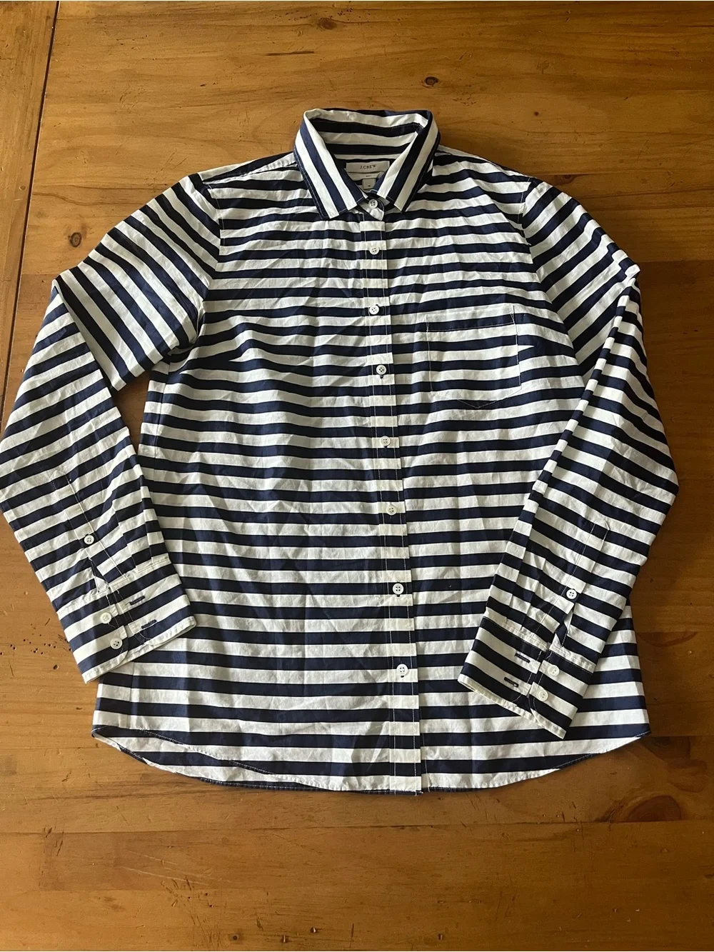 J. Crew Navy and White Striped Button-Down Shirt. 100% Cotton.